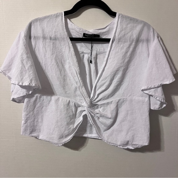 Nasty Gal White Twist Front Flutter Sleeve Crop Top Blouse Deep V Cotton Women 6 - Picture 2 of 6